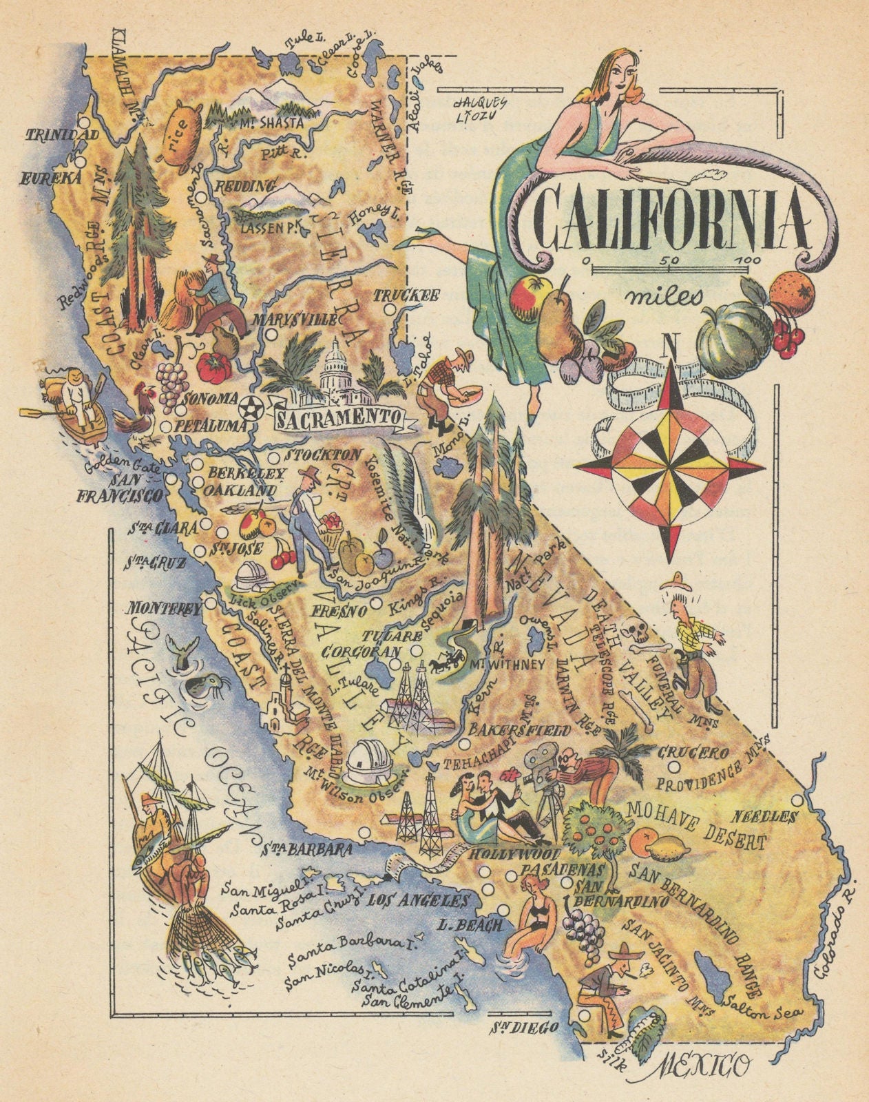 California small state map by Jacques Liozu 1946 old vintage plan chart